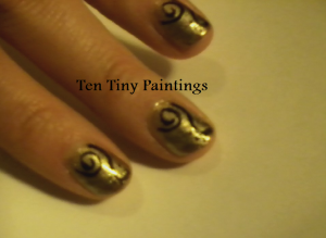 Gold with Black Swirls Nail Art by Shelly Najjar at Ten Tiny Paintings